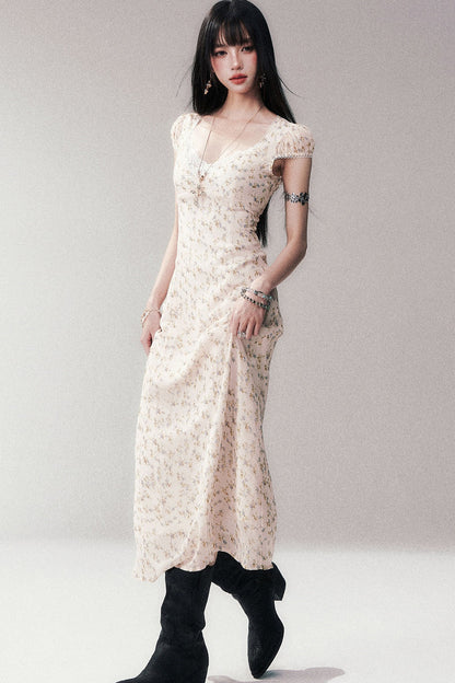 Light Yellow Floral Lace V-Neck Long Dress