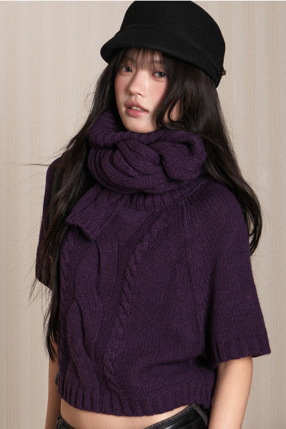 Short Sleeve Scarf Layered Knit Sweater
