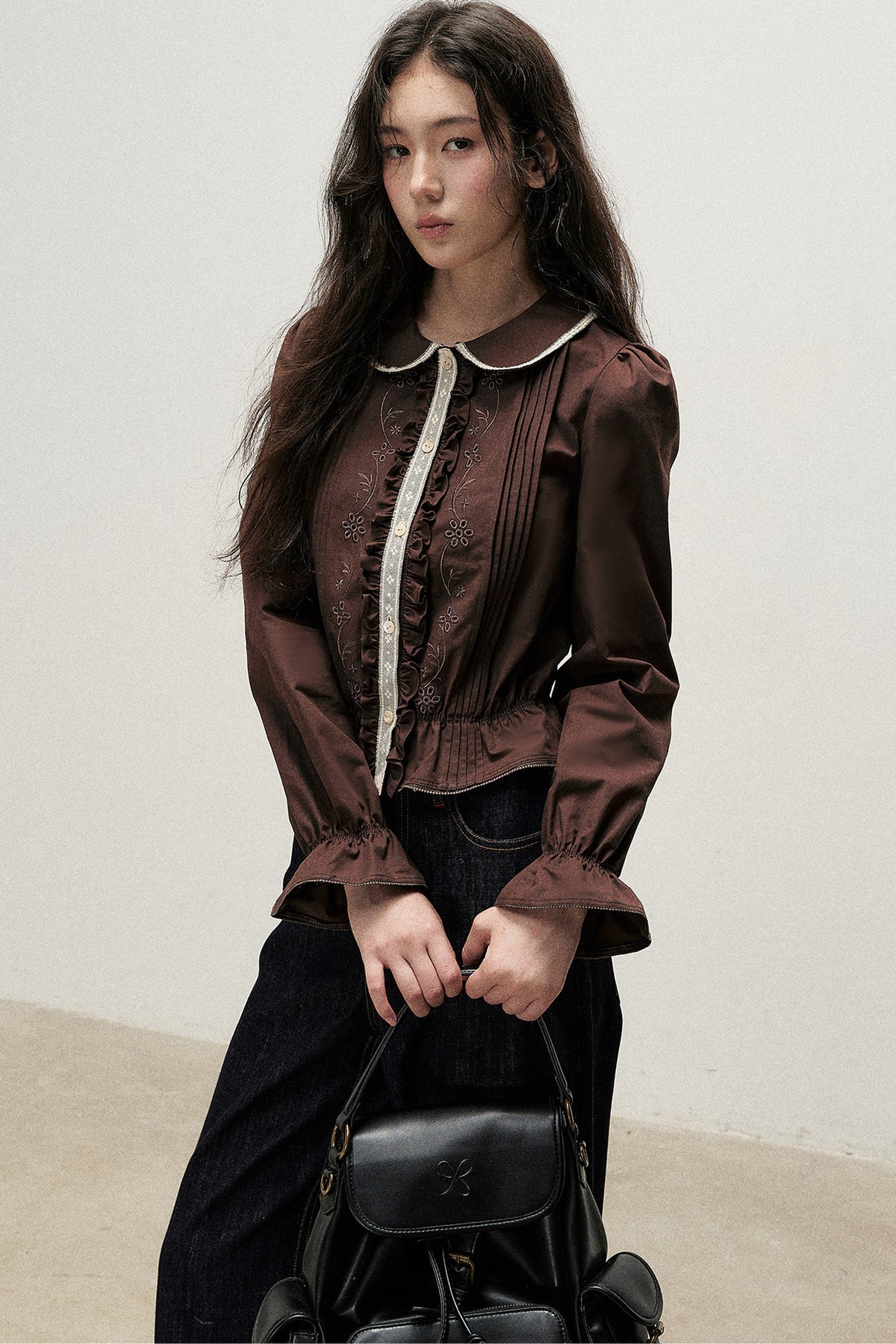 Brown Cotton Linen Doll Collar Shirt