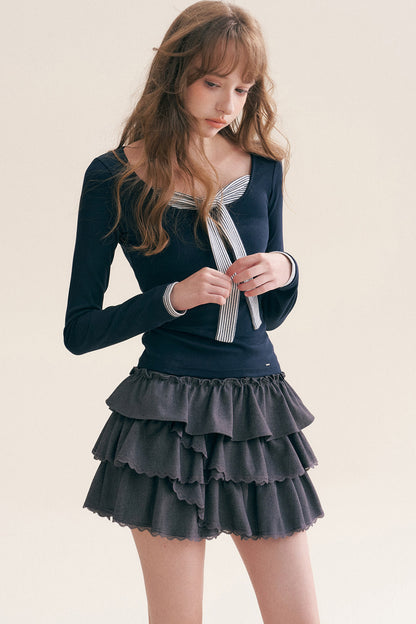 Striped Tie Square Neck Long-Sleeve T-Shirt