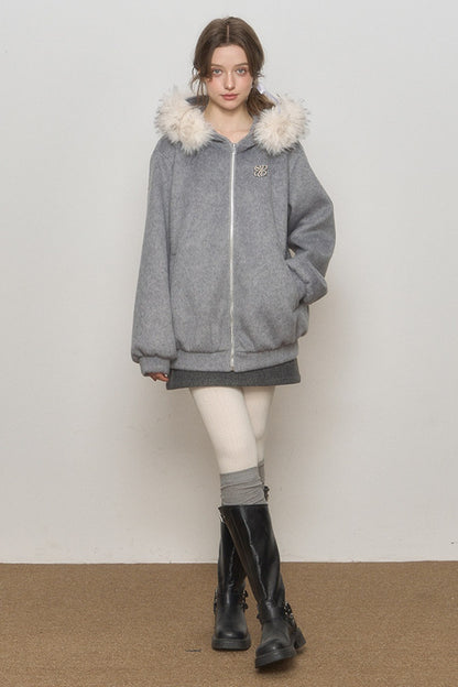 Hooded Fur Collar Woolen Jacket