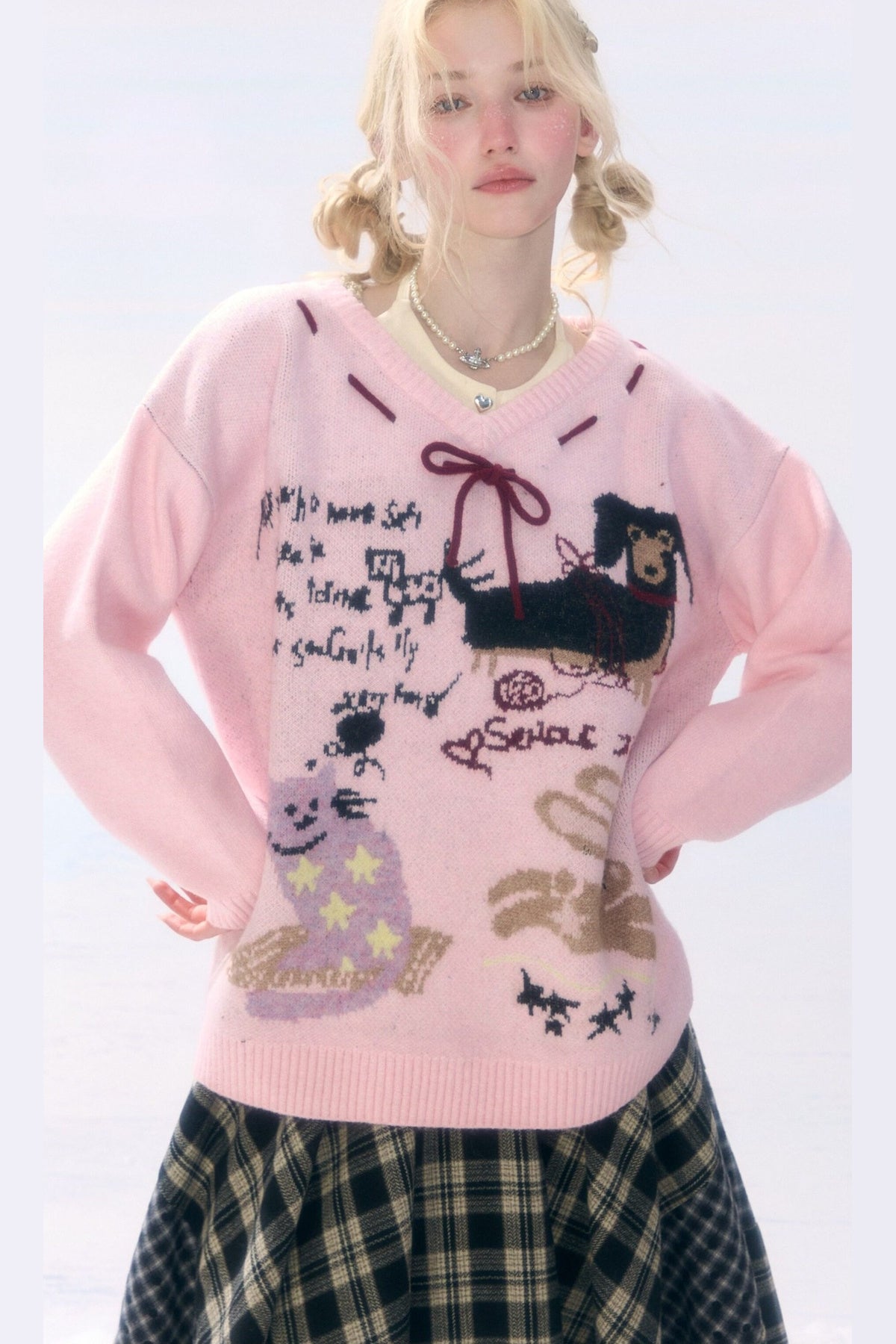 Pink Cartoon Print V-Neck Sweater