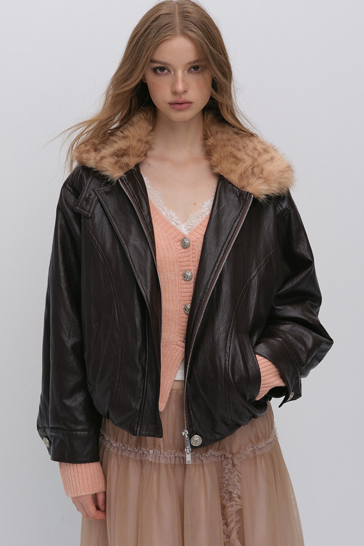 Textured Leopard Fur Collar PU Jacket