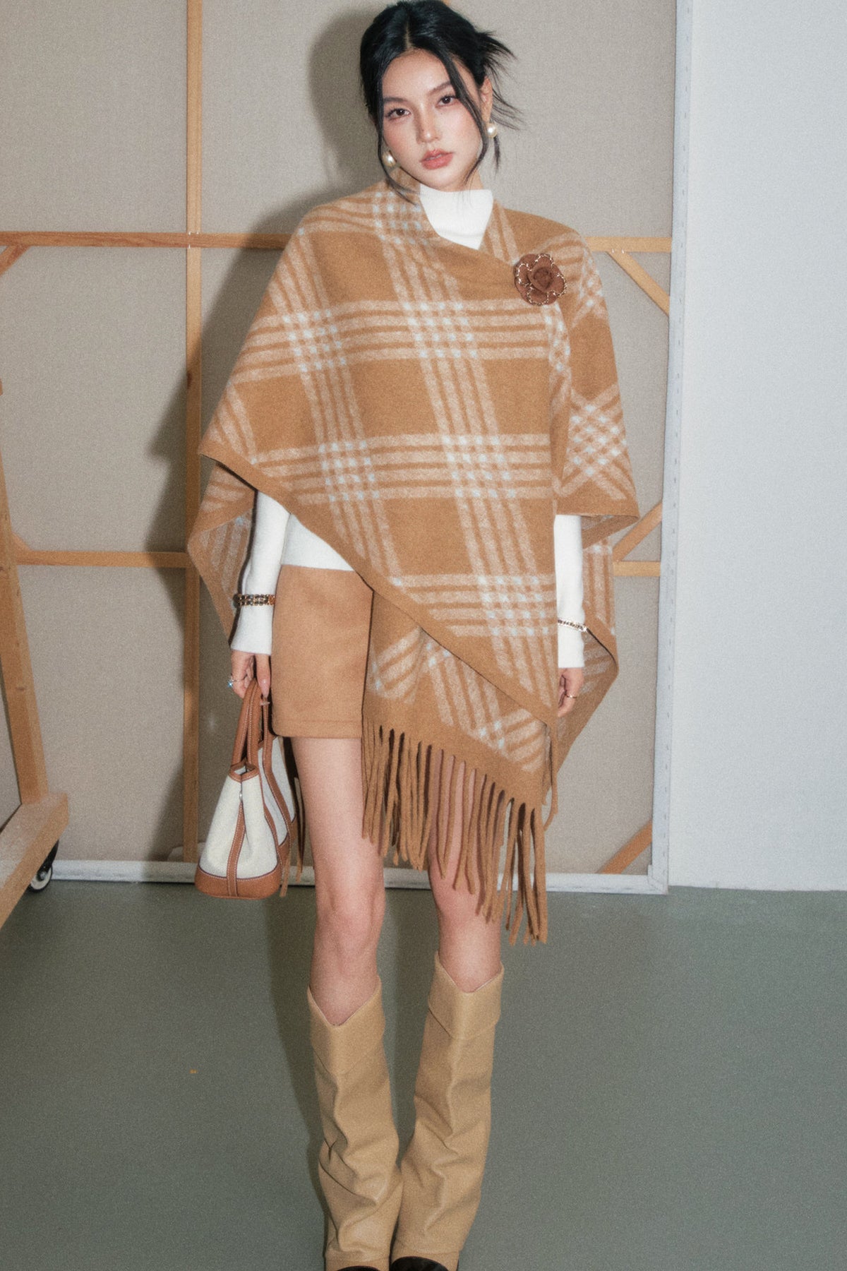 Tassel Plaid Scarf Cape Set-Up