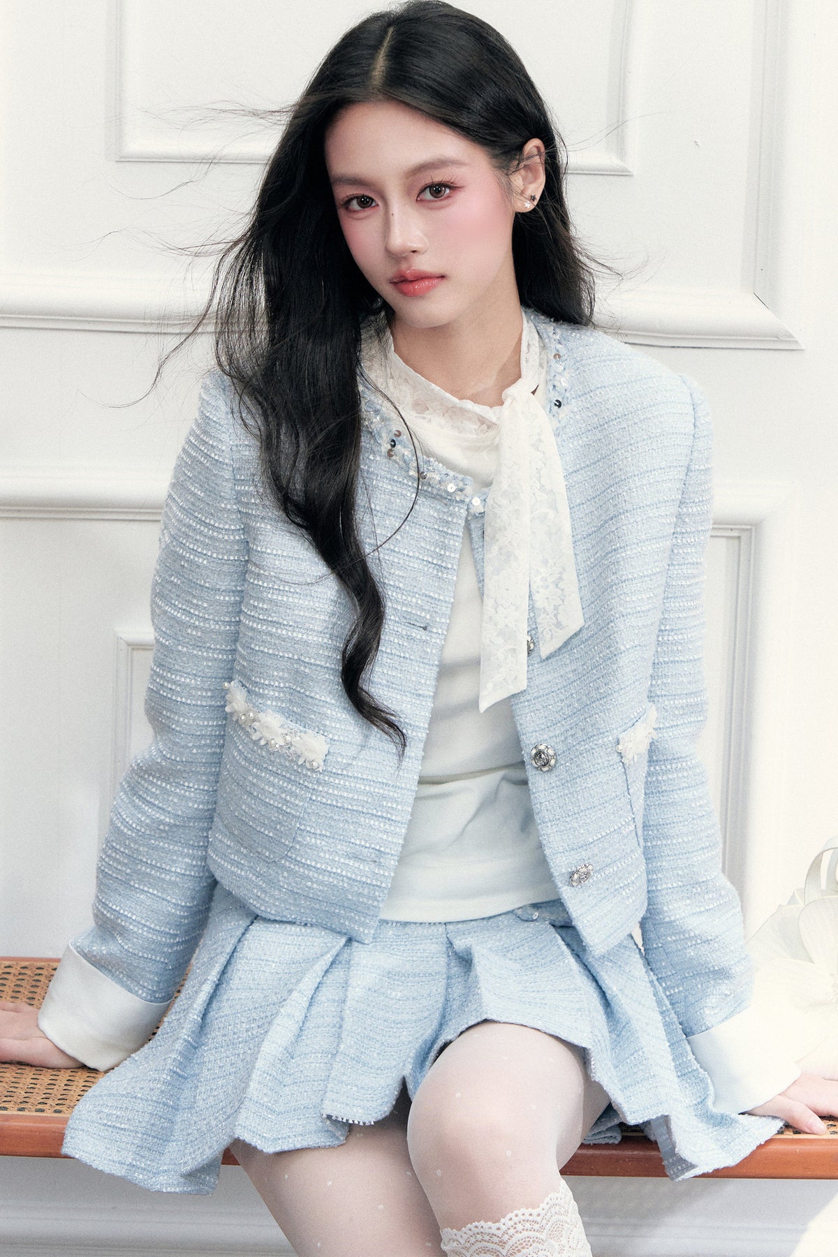 Beaded Tweed Jacket Pleated Skirt Set-Up