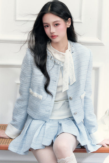 Beaded Tweed Jacket Pleated Skirt Set-Up