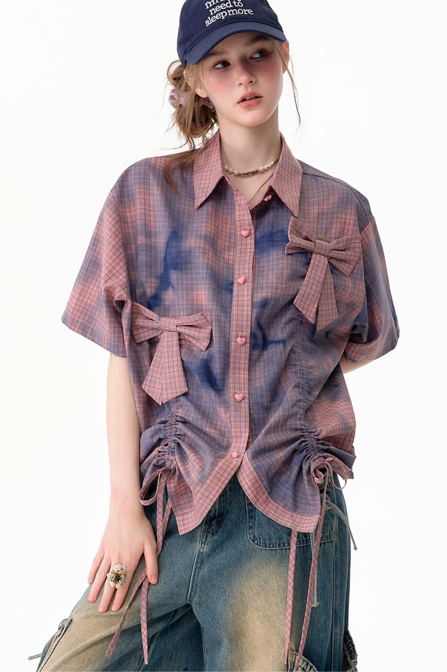 Pink Plaid Bow Drawstring Blouse