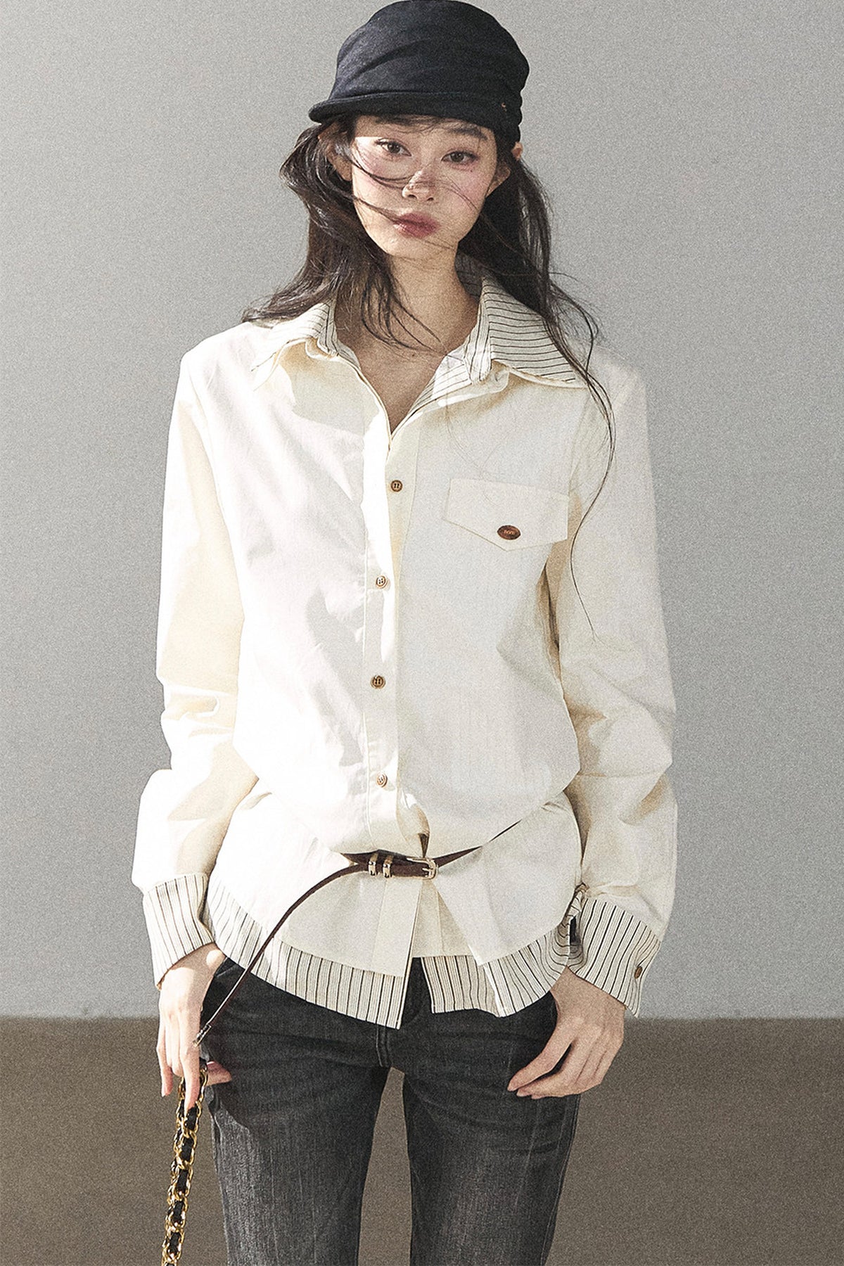 Creamy White Striped Layered-Look Shirt