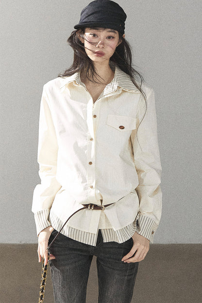 Creamy White Striped Layered-Look Shirt