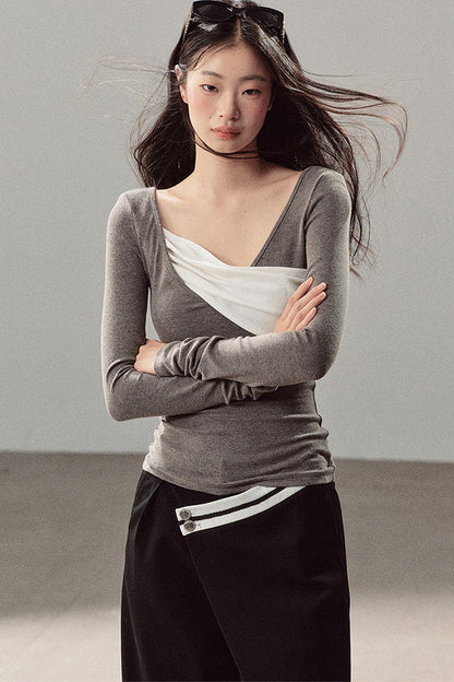 Spliced Regular Shoulder Long-Sleeve T-shirt