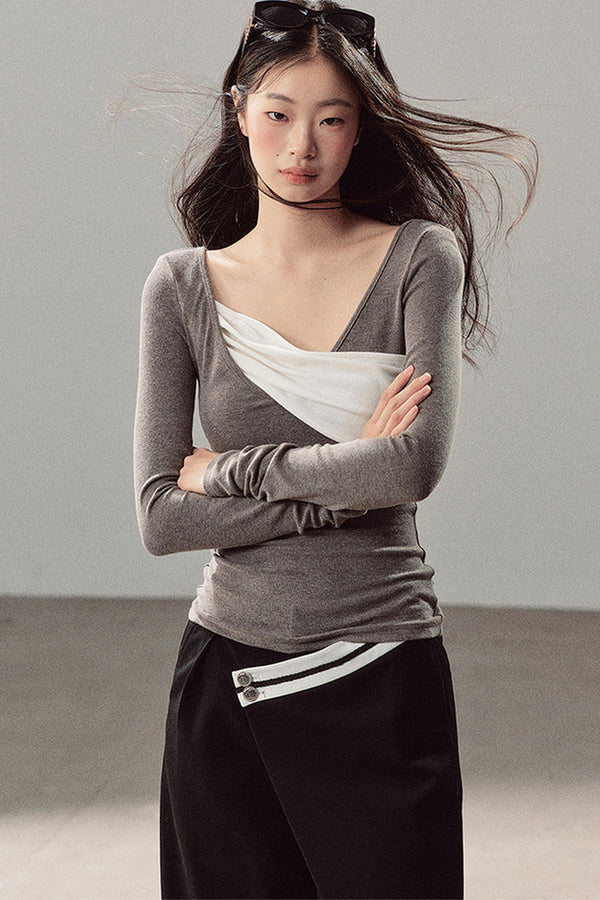 Spliced Regular Shoulder Long-Sleeve T-shirt