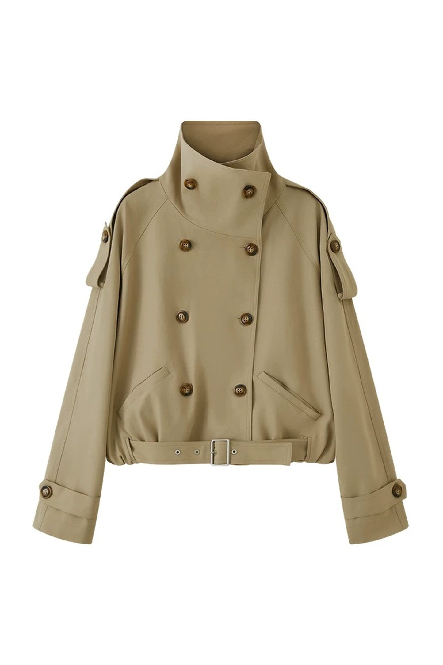 Color-Blocked Double-Breasted High-Collar Trench Coat