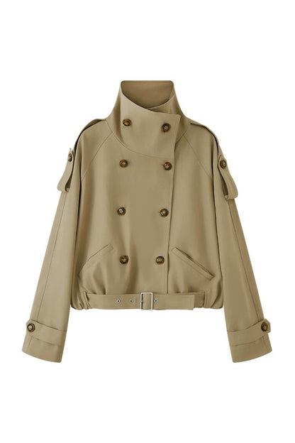 Color-Blocked Double-Breasted High-Collar Trench Coat