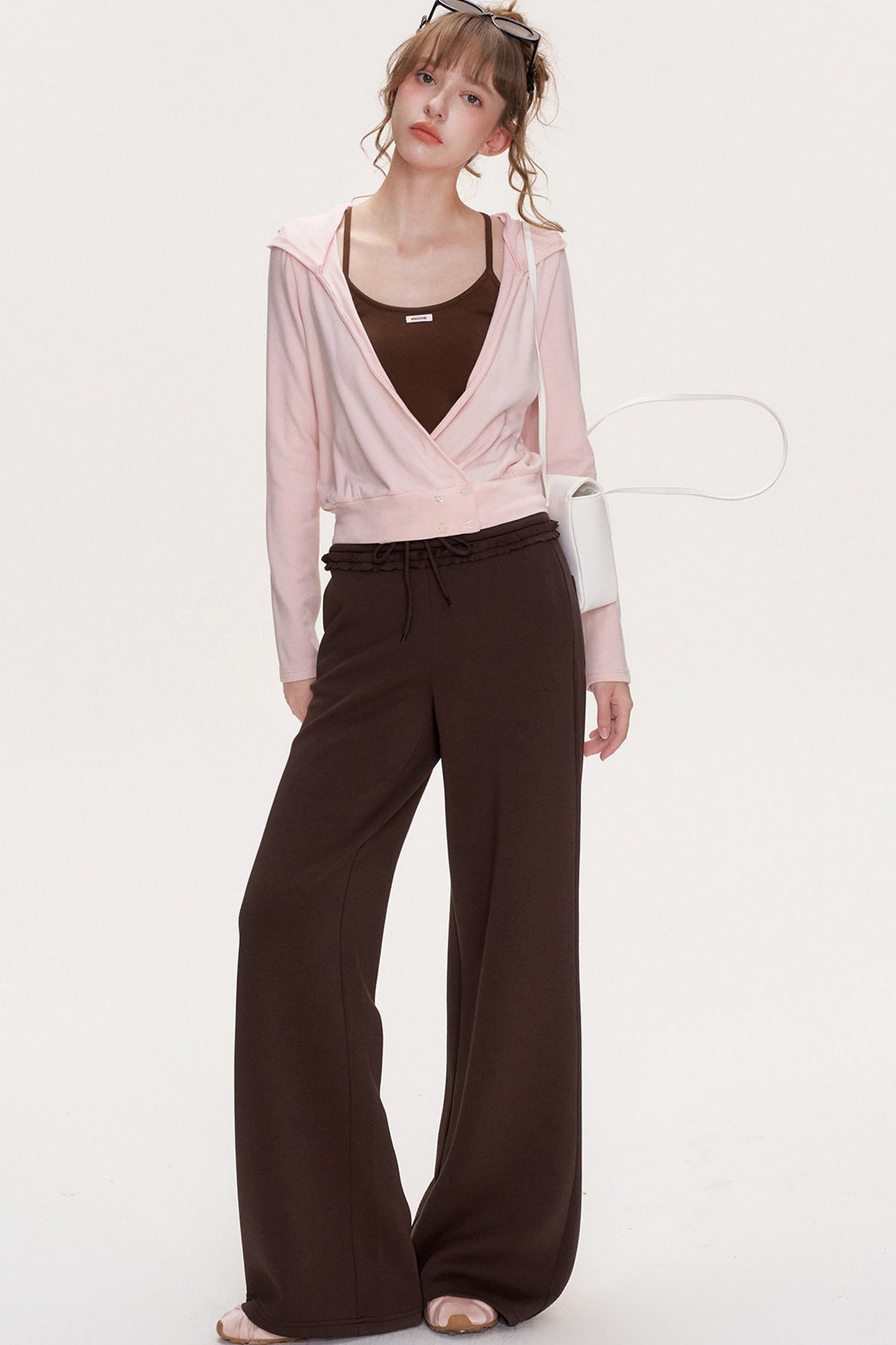 Ruffle Elastic Waist Drawstring Straight Pants
