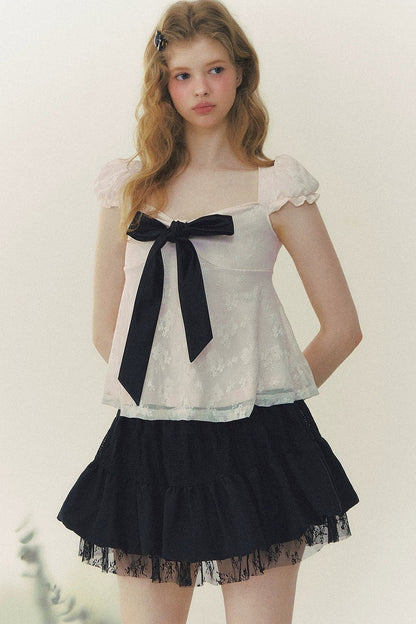 Square Neck Bow Lace Top