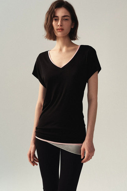 Minimalist Colorblock Deep V-Neck Wool Blend T-Shirt