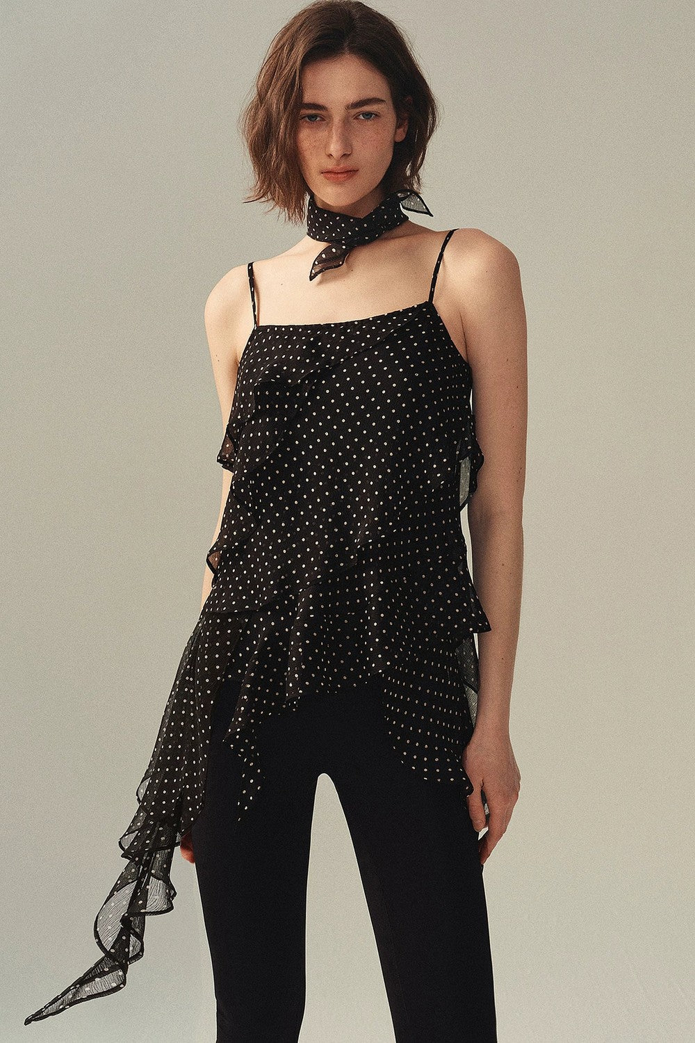 Polka Dot Asymmetric Ruffle Camisole