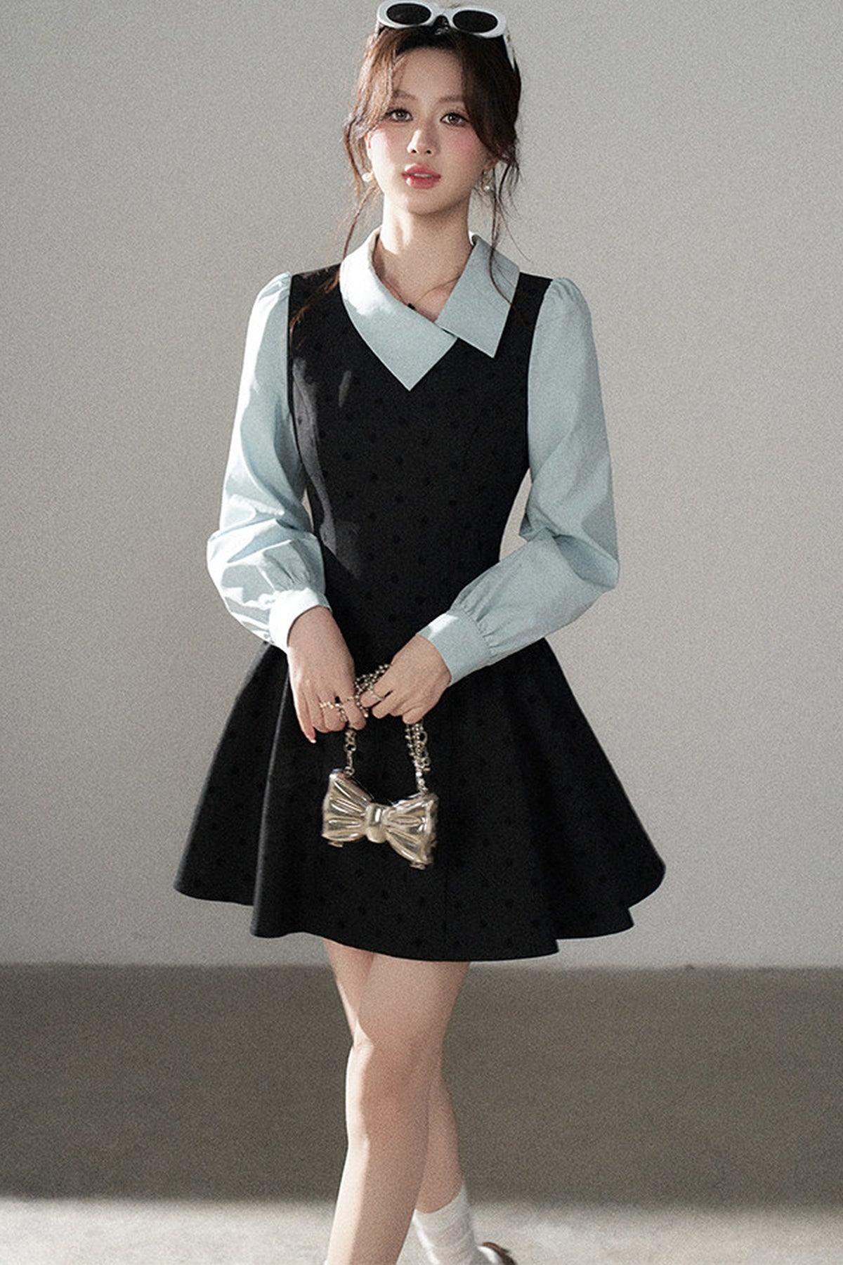 Black Polka Dot Asymmetrical Collar Dress