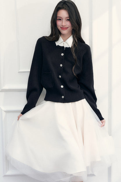 Retro Lapel Patchwork Knit Sweater Set-Up