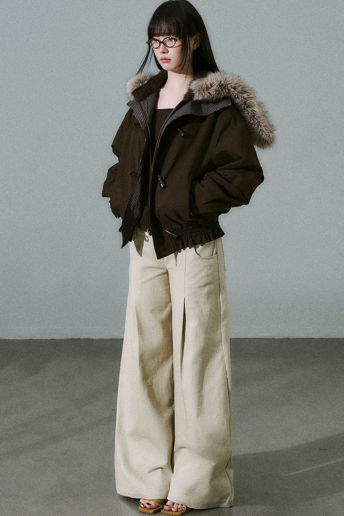 Horn Button Plaid Fur Collar Jacket