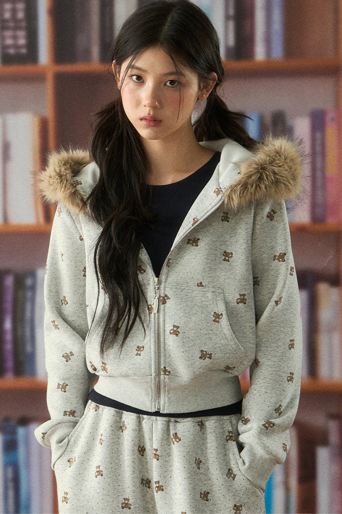 Bear Print Hooded Top and Pants Set-Up