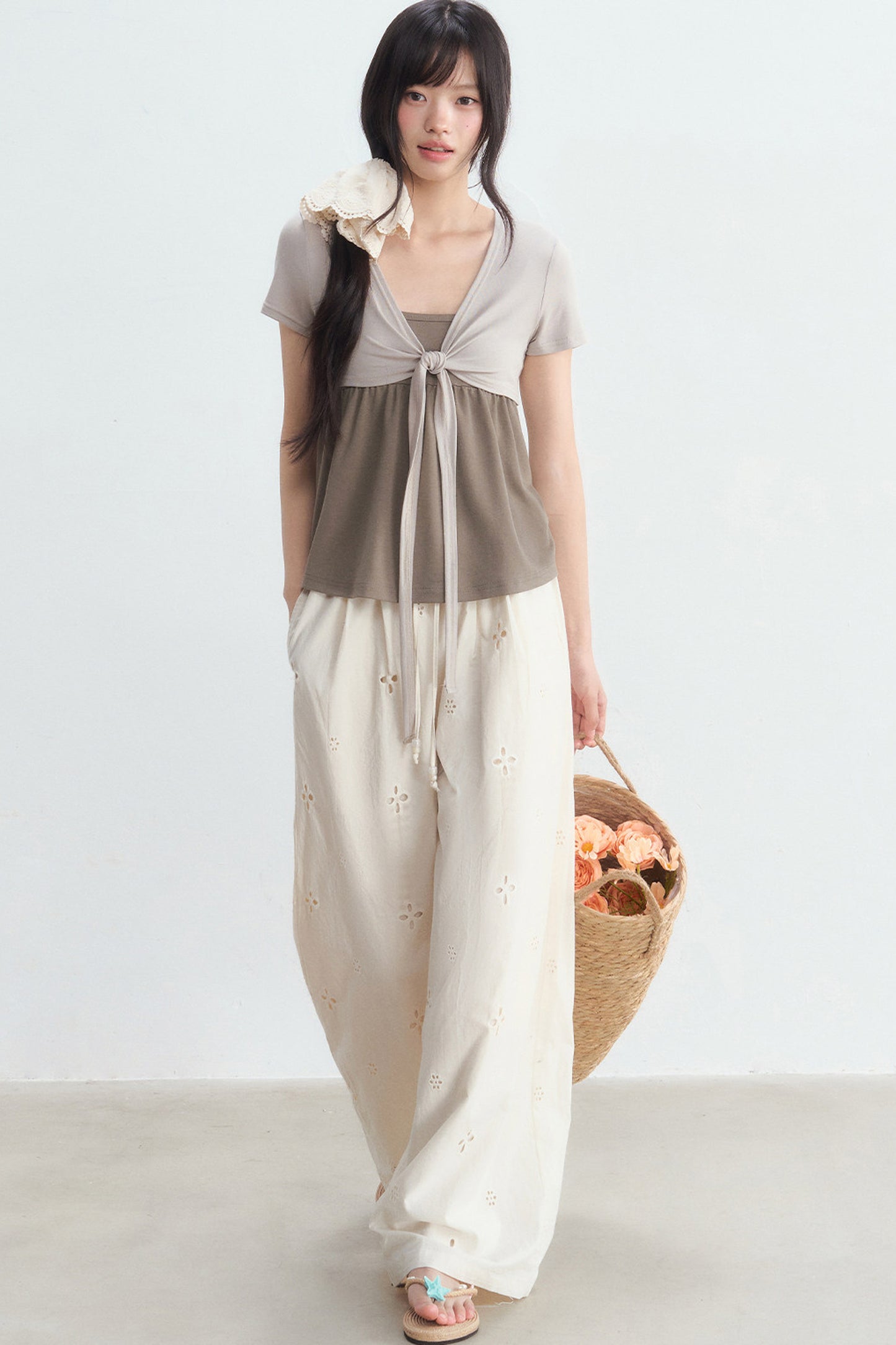 Hollow-Out Embroidered Wide-Leg Pants