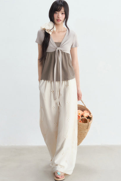Hollow-Out Embroidered Wide-Leg Pants