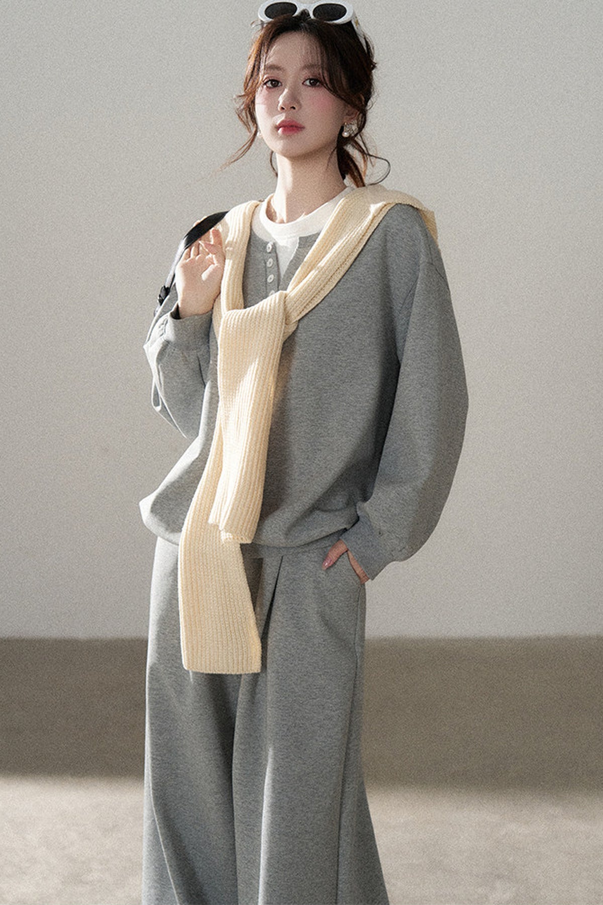 Hooded Shawl Sweatshirt and Wide-Leg Pants Set-Up