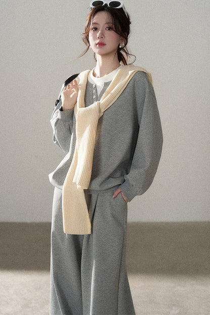 Hooded Shawl Sweatshirt and Wide-Leg Pants Set-Up