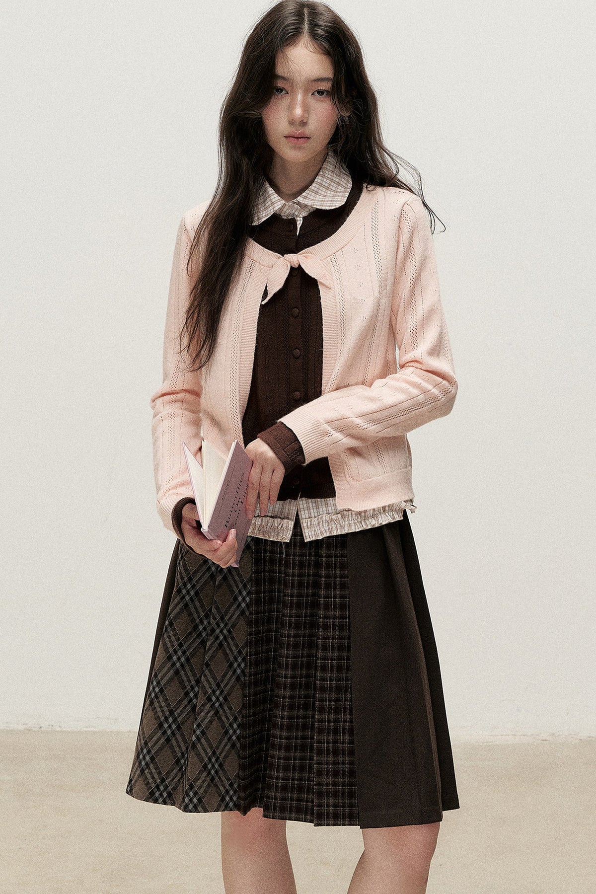 Plaid Collar Layered-Look Knit Top