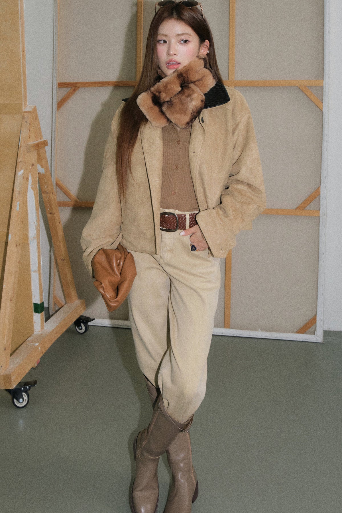 Faux Suede Woven Collar Jacket and Pants Set-Up