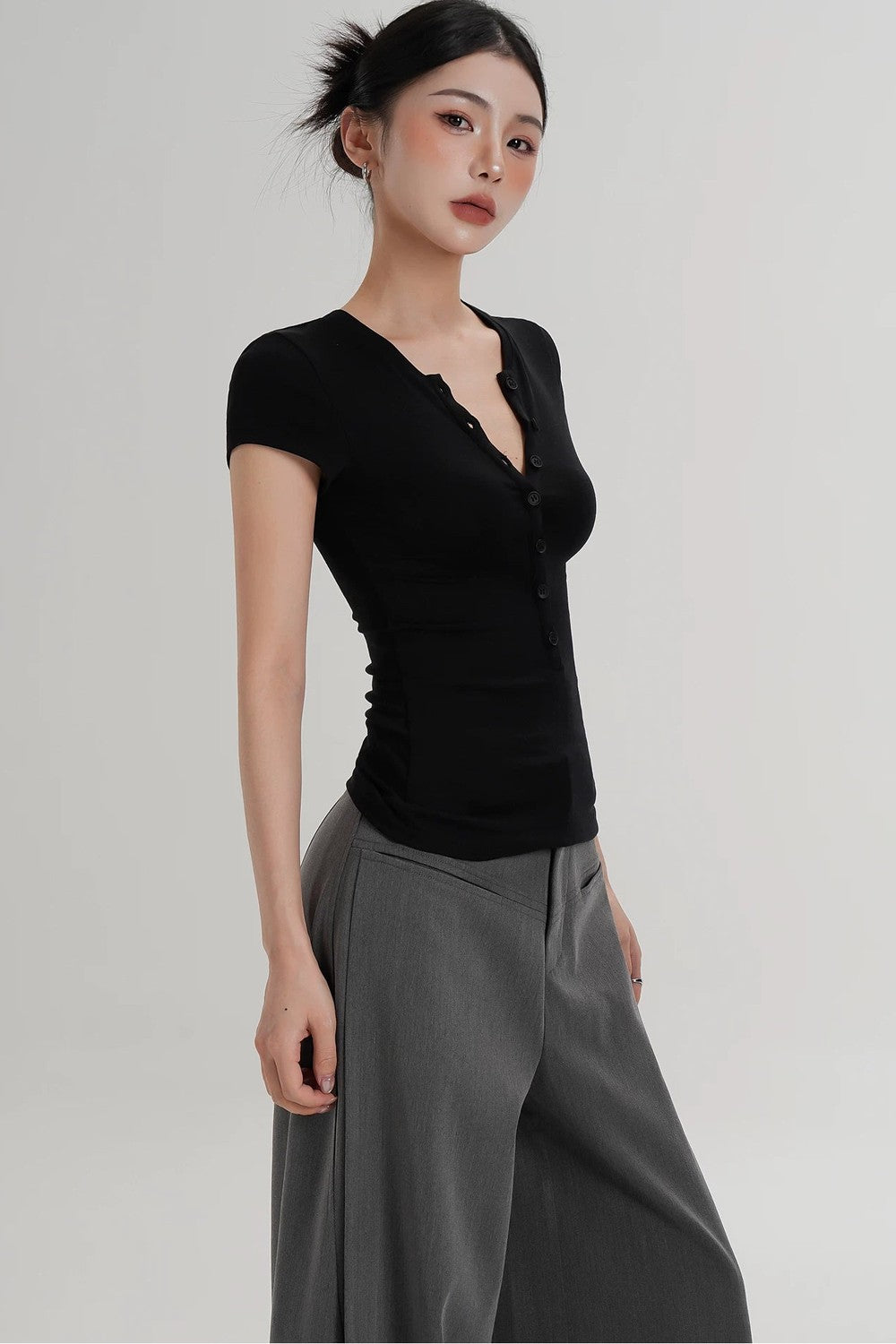 Wool Henley V-Neck Short Sleeve Top