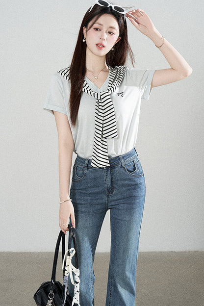 Loose Short-Sleeved Striped Shawl T-Shirt and Denim Skirt Set-Up