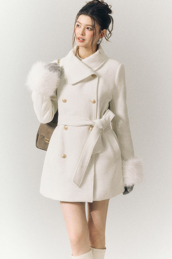 White Wool Detachable Fur Sleeve Coat