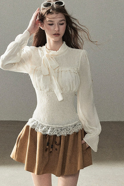 French Court Style Long-Sleeved Lace Chiffon Blouse