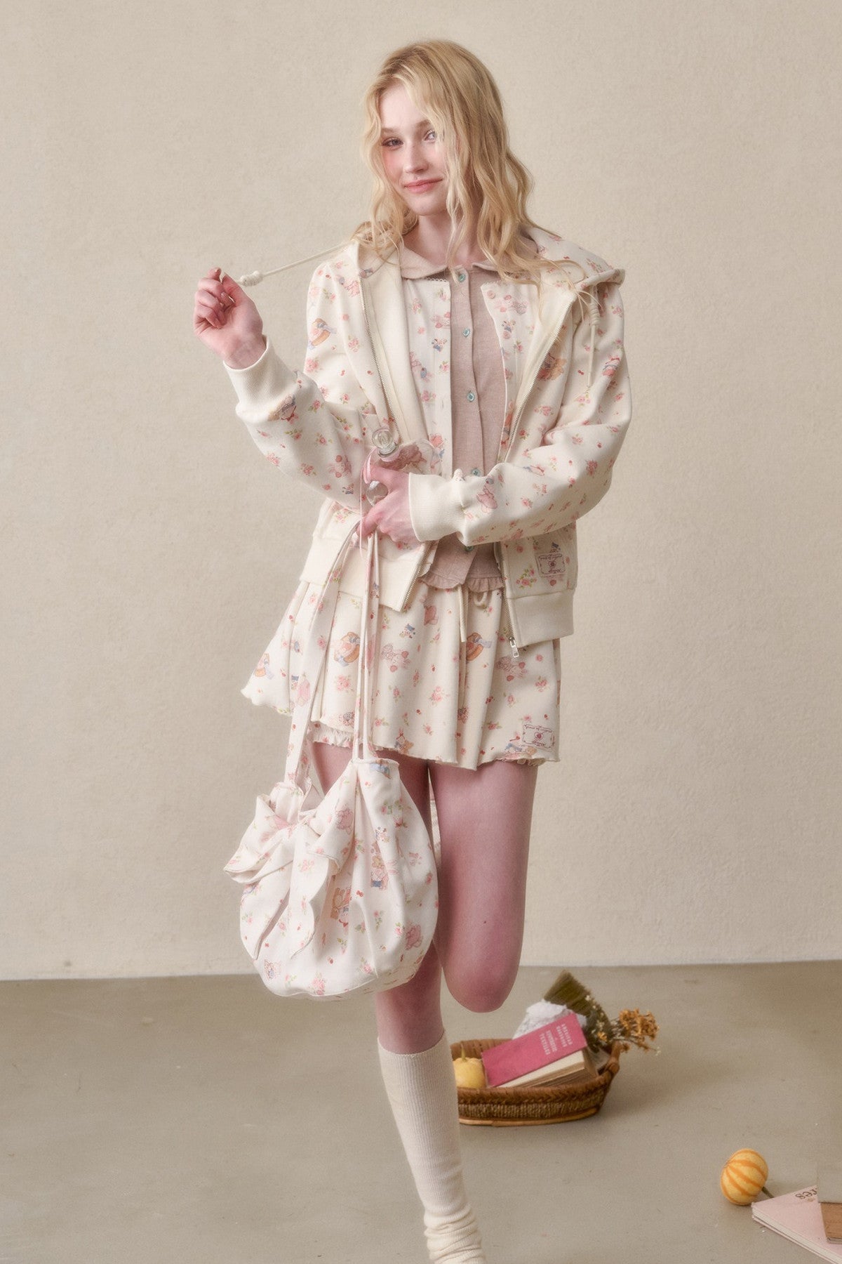 Bunny Print Hoodie Skirt Set-Up