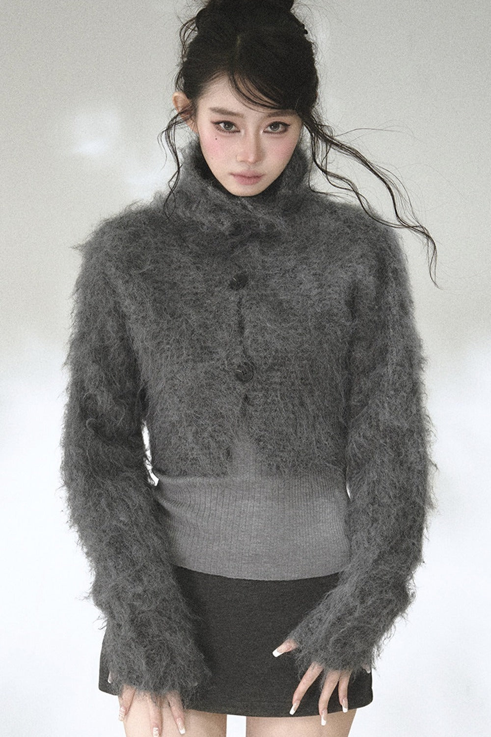 Long-Haired Turtleneck Knit Cardigan