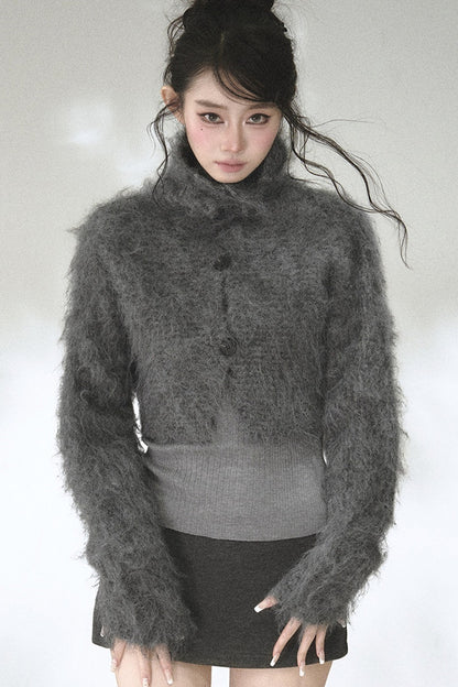 Long-Haired Turtleneck Knit Cardigan