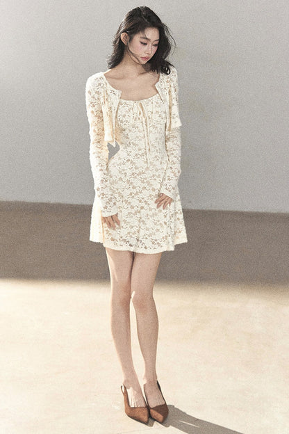 Ensemble robe bouffante ajourée en dentelle et veste