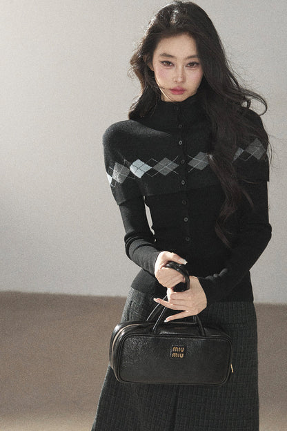 Argyle Wool Sweater With Shawl and Top Set