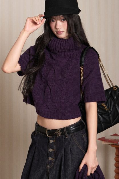 Short Sleeve Scarf Layered Knit Sweater
