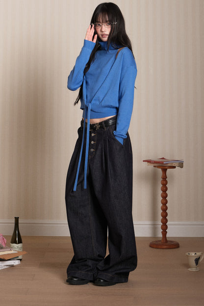 Layered High-Neck Vest and Tie-Up Cardigan Set-Up