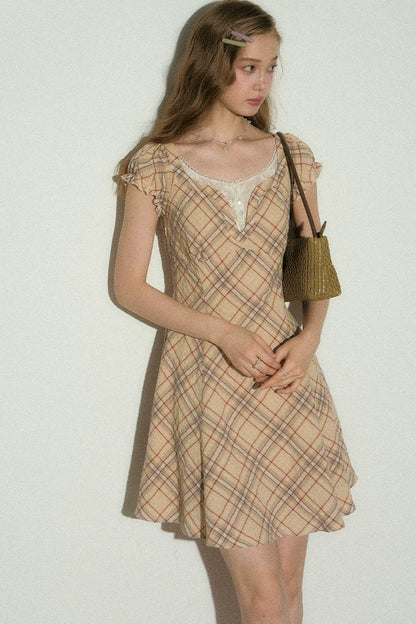 Clear Sky Plaid Lace Dress