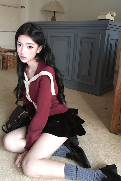 Long-Sleeved Navy Collar Bow Single-Breasted Knit Cardigan