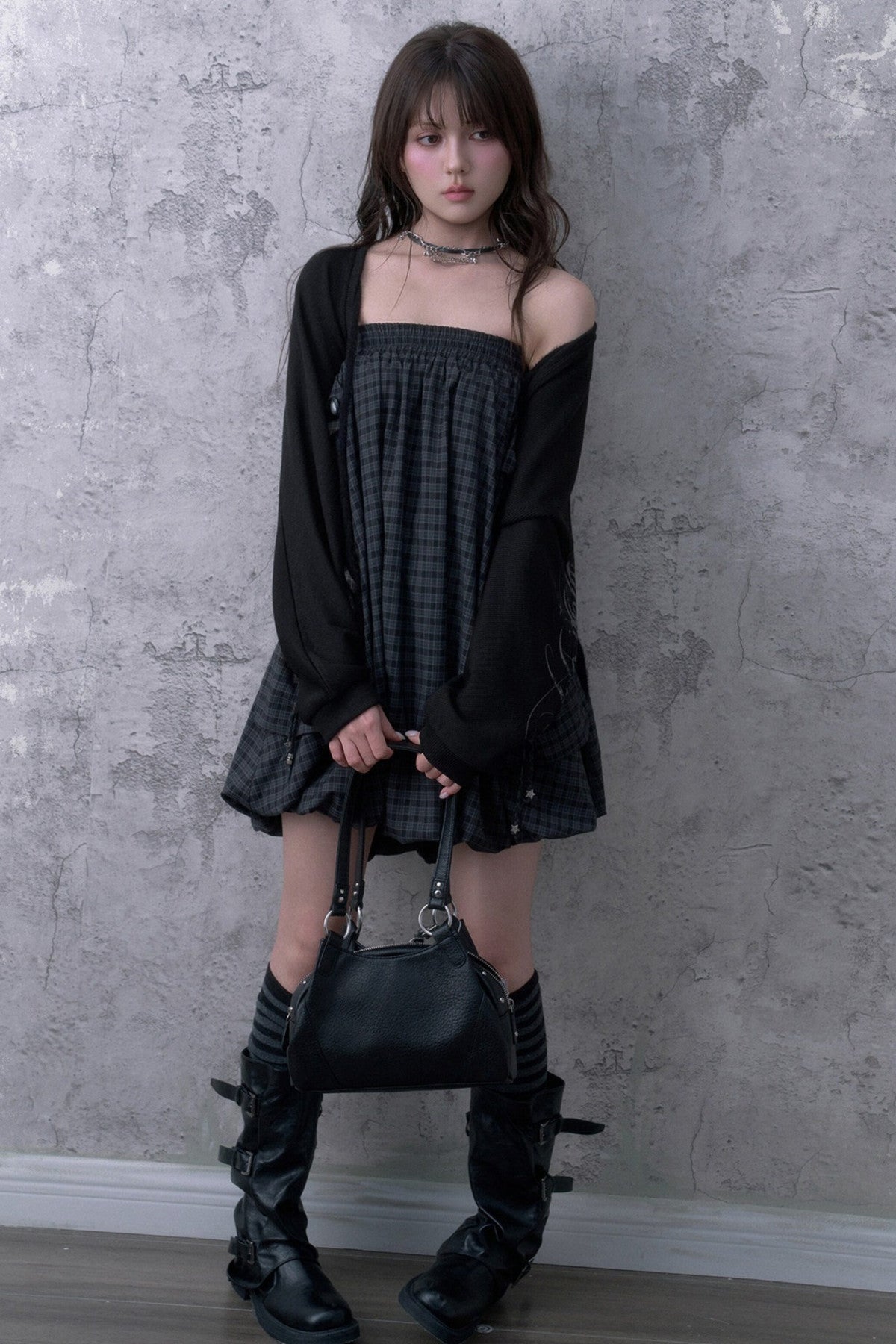 Black Gray Plaid Mid-Length Skirt Set-Up
