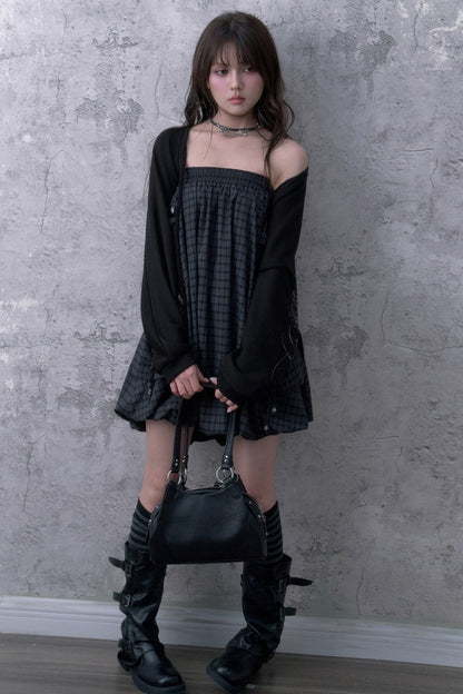 Black Gray Plaid Mid-Length Skirt Set-Up