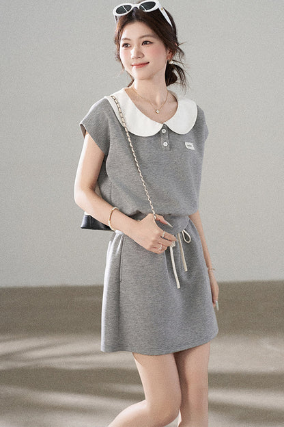 Gray Doll Collar Short-Sleeve Top and Skirt Set-Up
