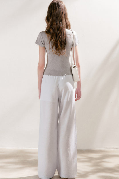 High-Waisted Linen Cotton Drawstring Wide-Leg Pants