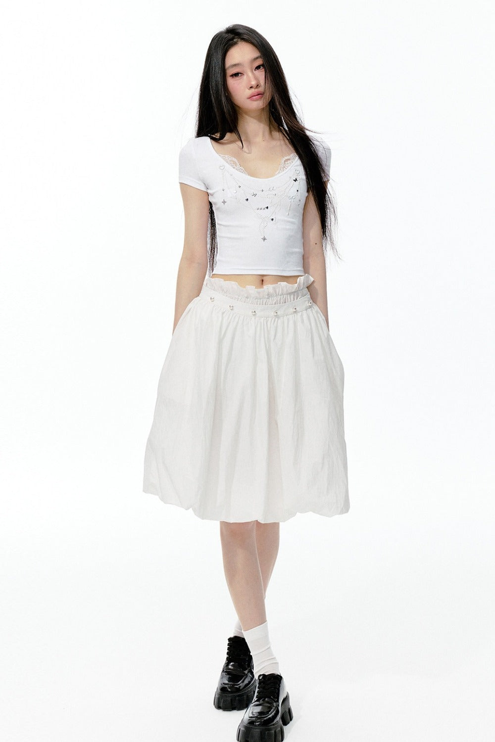 Pearl Rhinestone T-Shirt, Flower Bud Skirt and Pants Set-Up
