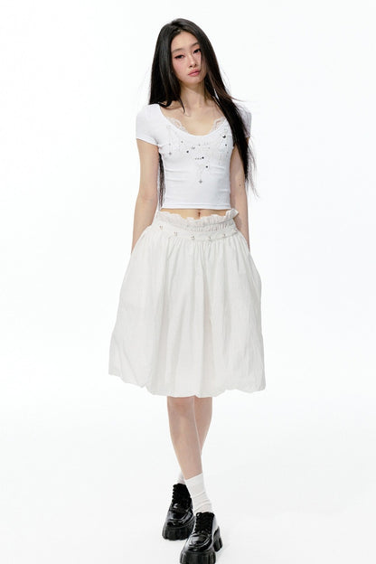 Pearl Rhinestone T-Shirt, Flower Bud Skirt and Pants Set-Up